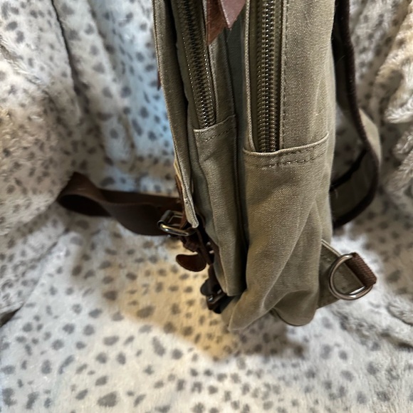 Tan and Brown Canvas Backpack with Leather Accents - Picture 2 of 7
